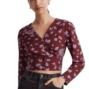 Madewell V- Neck Button Front Long Sleeve Shirt Floral Size Medium
